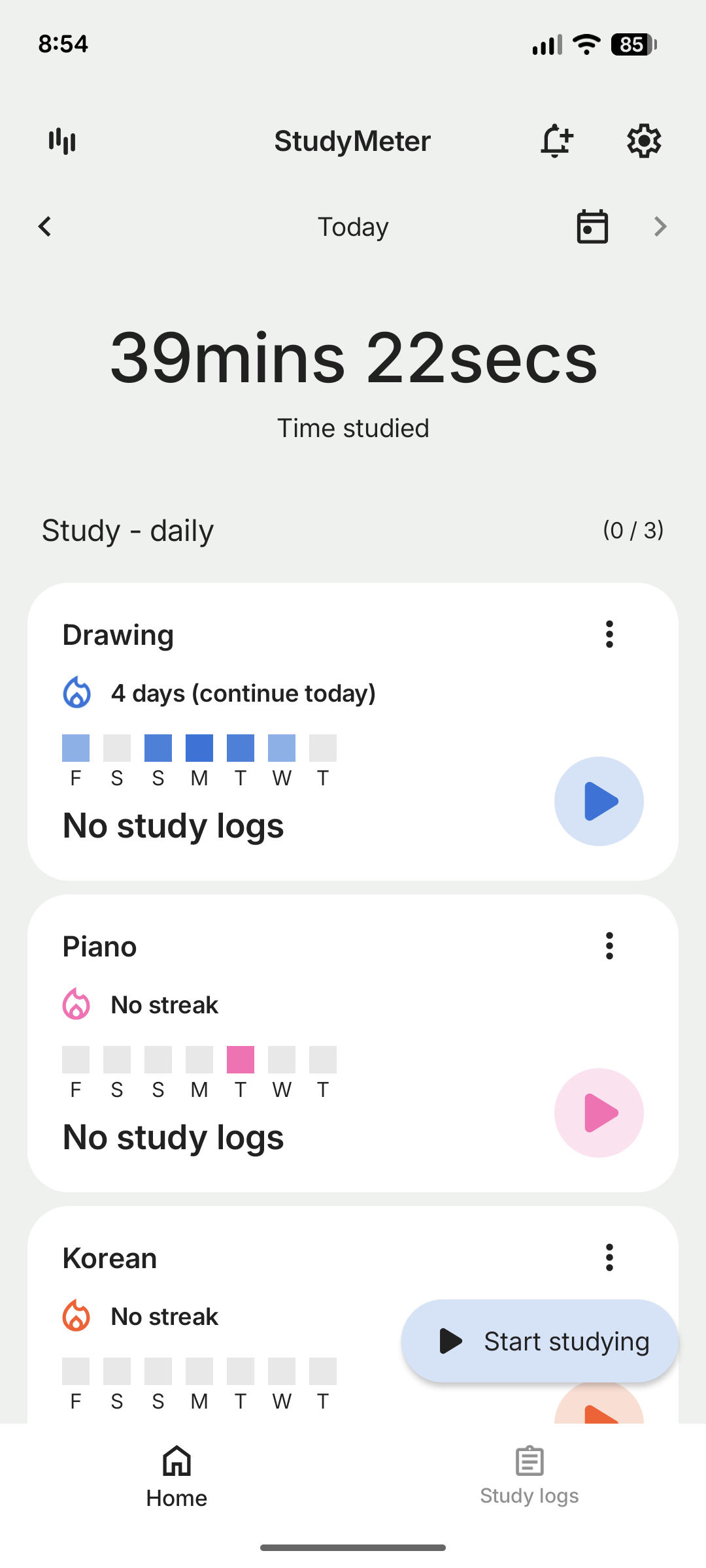Home screen with subjects and streaks