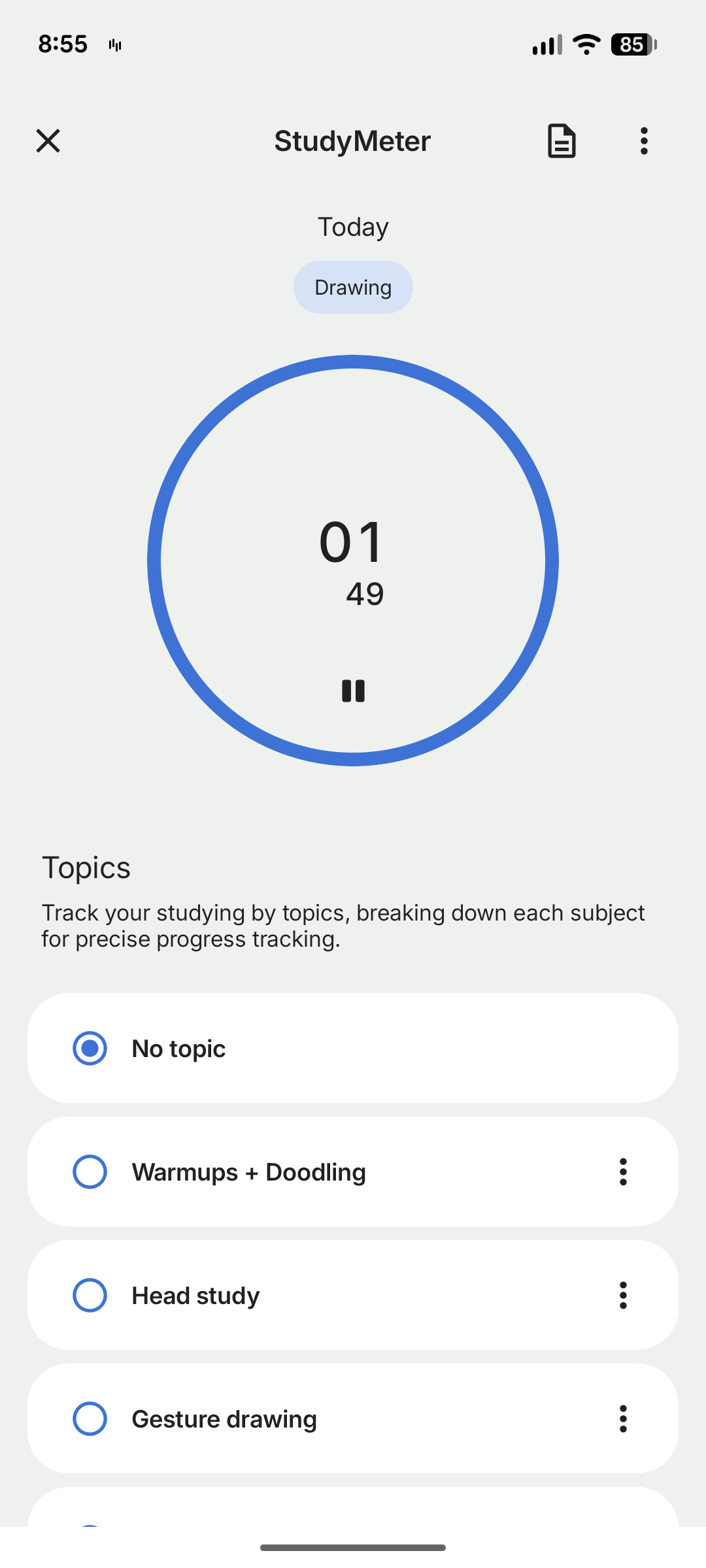 Study timer with topic selection