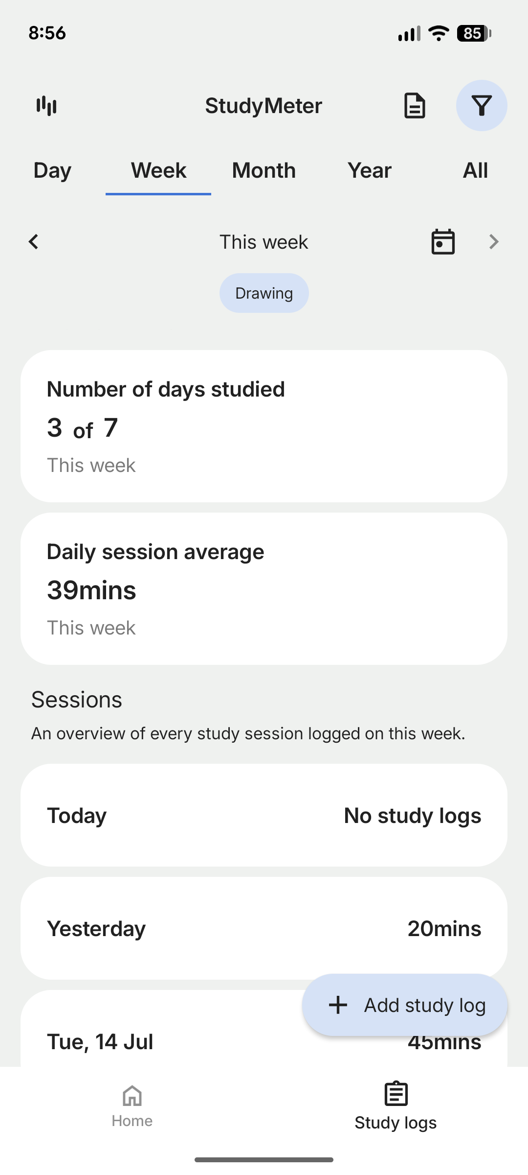 Weekly insights and session logs
